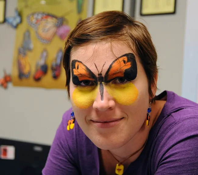 UC Davis graduate student Emily Bzdyk came dressed as a butterfly. She creates insect jewelry sold at the Bohart. (Photo by Kathy Keatley Garvey)