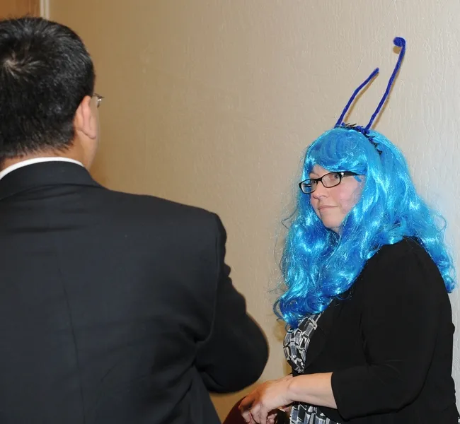 Bug Girl talks with Ayanava Majumdar, Auburn University, Alabama. (Photo by Kathy Keatley Garvey)