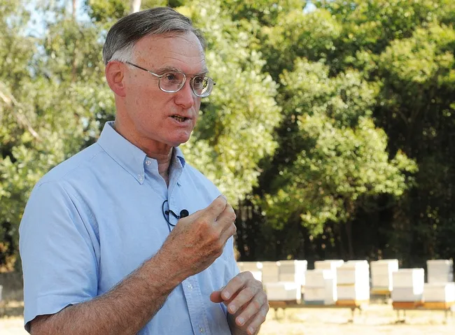 Extension apiculturist Eric Mussen at the Harry H. Laidlaw Jr. Honey Bee Research Facility, UC Davis. (Photo by Kathy Keatley Garvey)