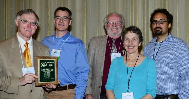 The Bee Team (from left) Eric Mussen, Neal Williams, Robbin Thorp, Lynn Kimsey and Brian Johnson. (Photo by Kathy Keatley Garvey)