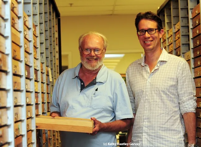 Robbin Thorp (left) of UC Davis and John Ascher of the National University of Singapore are two of The Bee Course instructors. (Photo by Kathy Keatley Garvey)
