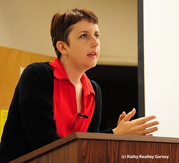 UC Davis ecologist Sandra Gillespie answers a question at a recent pollination workshop in Woodland. (Photo by Kathy Keatley Garvey)