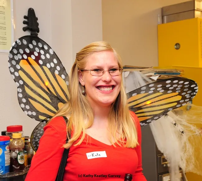 Kate Brown, a third-year UC Davis School of Medicine students, with her Monarch wings. (Photo by Kathy Keatley Garvey)