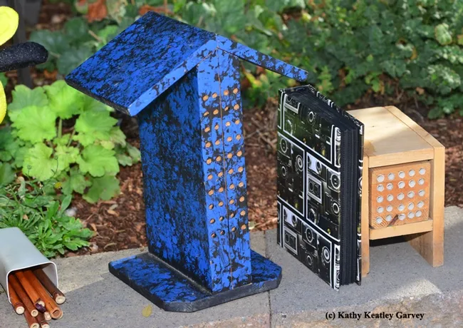 These are some of the bee condos that bee enthusiast/UC Master Gardener Tom Tucker displayed at the Oct. 11 fall sale. (Photo by Kathy Keatley Garvey)