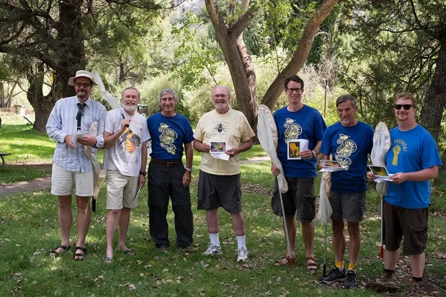 Bee Course instructors from 2013 are (from left) Laurence Packer, York University, Toronto; Terry Griswold, USDA Bee Lab, Logan UT; Steve Buchmann, Tucson, AZ; Robbin Thorp; John Ascher, University of Singapore; Jim Cane, USDA Bee Lab, Logan, UT; Eli Wyman, American Museum of Natural History, NY. Not pictured: Jerome G. Rozen, Jr., AMNH, Course Leader who was unable to participate that year.