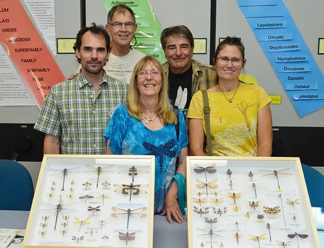 In front (from left) are Andrew Rehn of the California Department of Fish and Wildlife; Kathy Claypole Biggs of Sebastopol and McCloud, Callf., author of dragonfly books; Sandra Hunt-von Arb, senior biologist at the Pacific Northwestern Biological Resources, McKinleyville, Calif. who leads dragonfly workshops in Northern California. In back are Rosser Garrison, California Department of Food and Agriculture; and Greg Kareofelas, Bohart Museum associate. (Photo by Kathy Keatley Garvey)