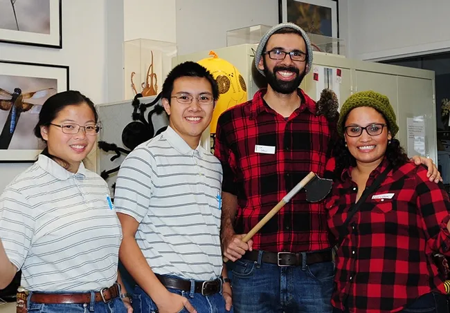 The look-a-likes: (from left) entomology undergraduate student Maia Lundy and entomology graduate Alex Nguyen, and graduate student Joel Hernandez and UC Davis alumnus Melissa Cruz as lumberjacks. (Photo by Kathy Keatley Garvey)