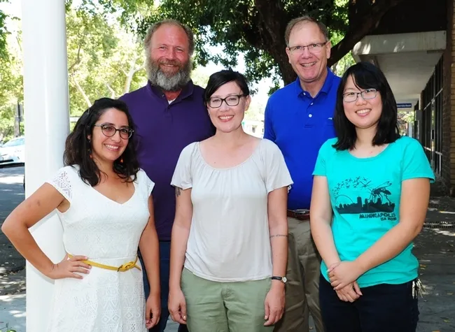 UC Davis graduate students who received the Hazeltine mosquito research awards in both 2015 and 2016 are (front, from left) Maribel Portilla, Sandy Olkowski and Stephanie Kurniawan. In back are Lee Hazeltine (left) of Woodland and Craig Hazeltine of Scottsdale, Ariz. (Photo by Kathy Keatley Garvey)