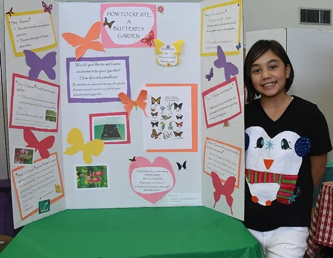 Selah Deuz 8, of the Sherwood Forest 4-H Club, Vallejo, stands by her butterfly display board at the Solano County 4-H Project Skills Day. (Photo by Kathy Keatley Garvey)