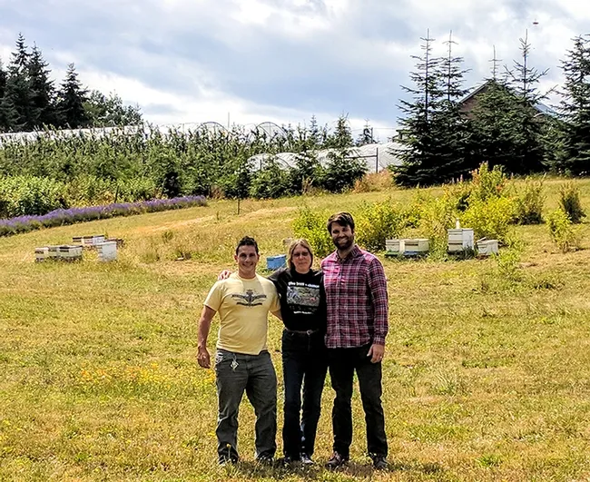 UC Davis staff research associates in the Elina Lastro Niño lab recently enrolled in one of Susan Cobey's queen bee insemination workshops on Whidbey Island, Washington state. From left are Bernardo Niño, Susan Cobey and Charley Nye.