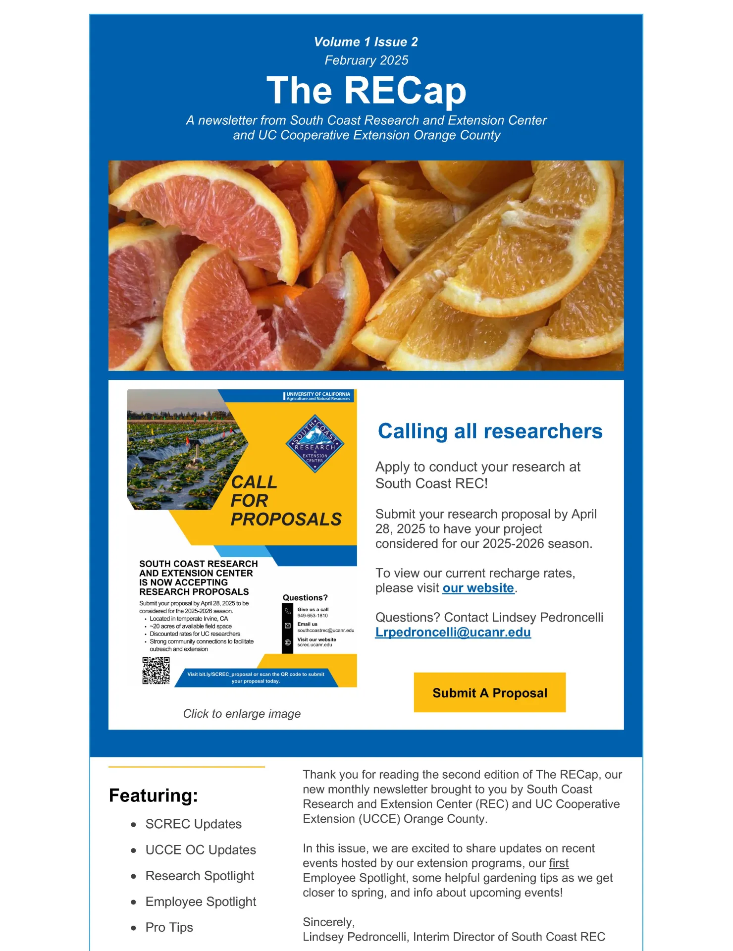 front page of the February 2025 issue of The RECap with a photo of citrus and a welcome message