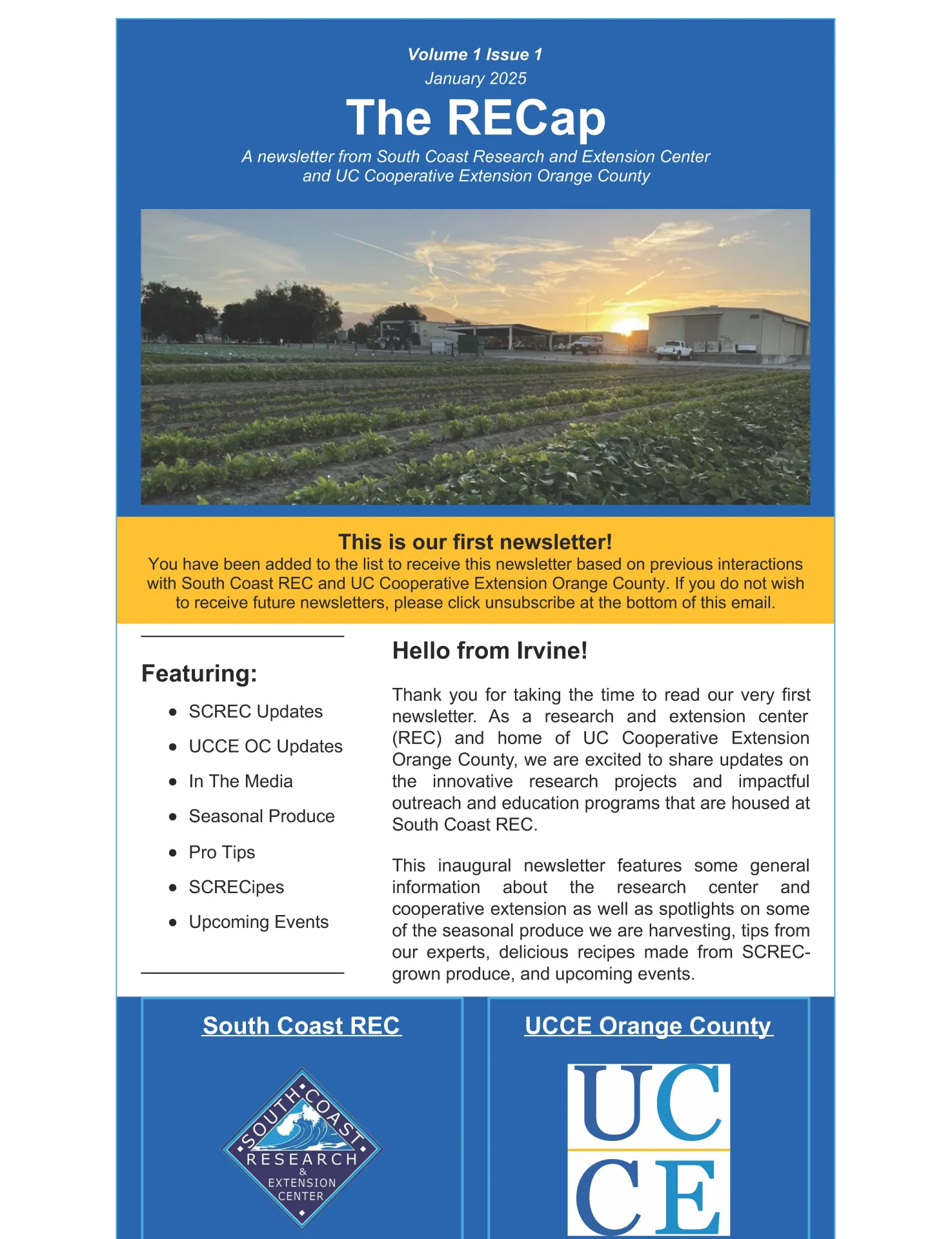 front page of the January 2025 issue of The RECap with a sunrise photo of South Coast REC and a welcome message
