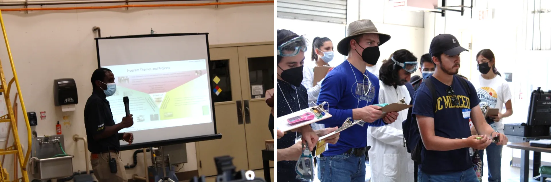 Left, a person speaking into a microphone in front of a screen. Right, people standing and listening.