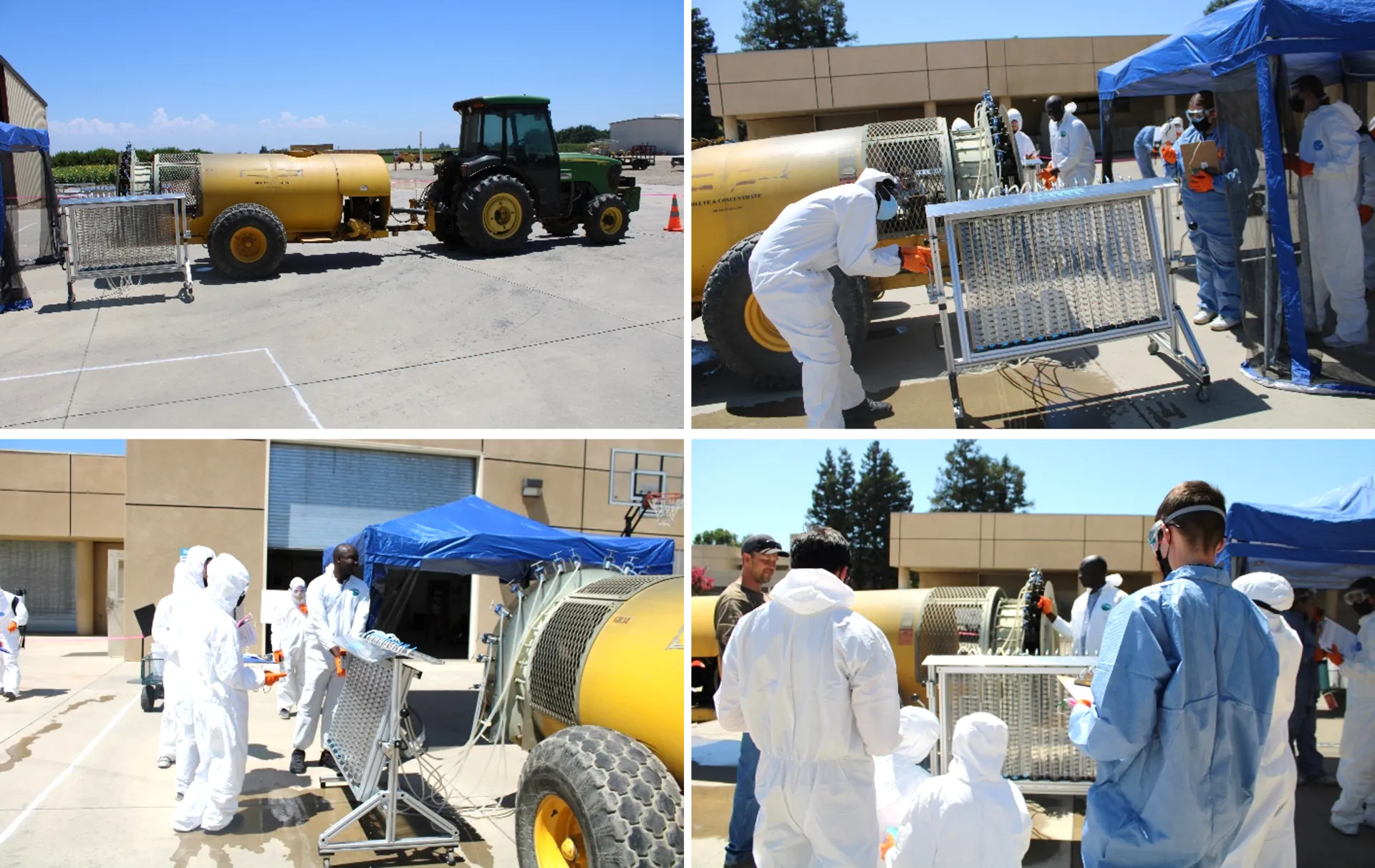 Groups  of people outdoors with agricultural equipment.