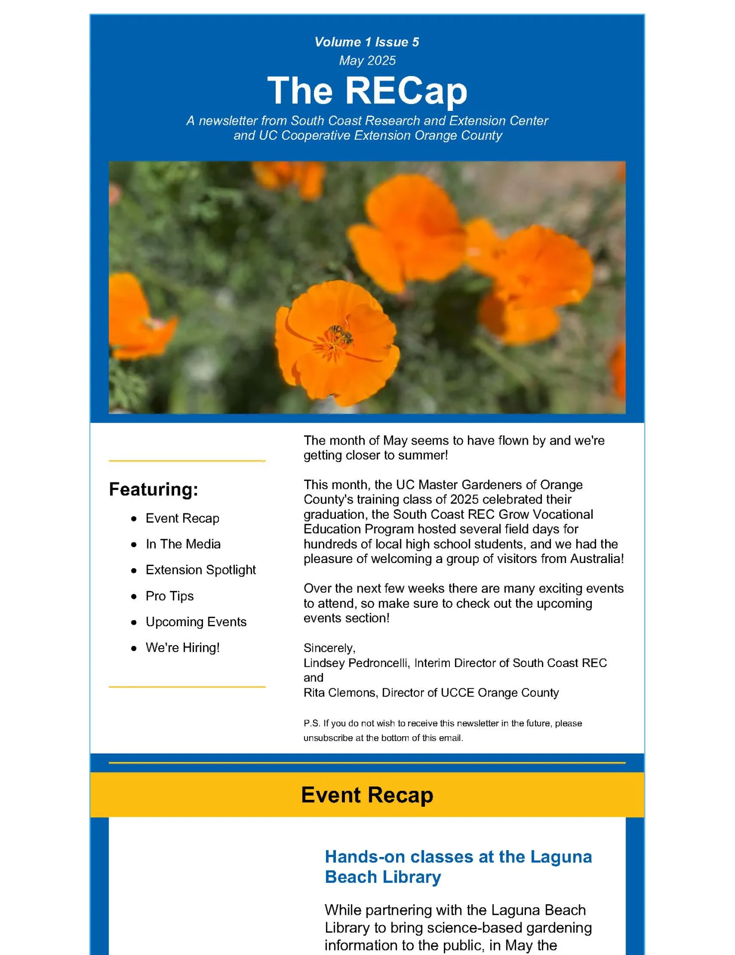 the cover of the May 2025 newsletter with a photo of California poppies blooming