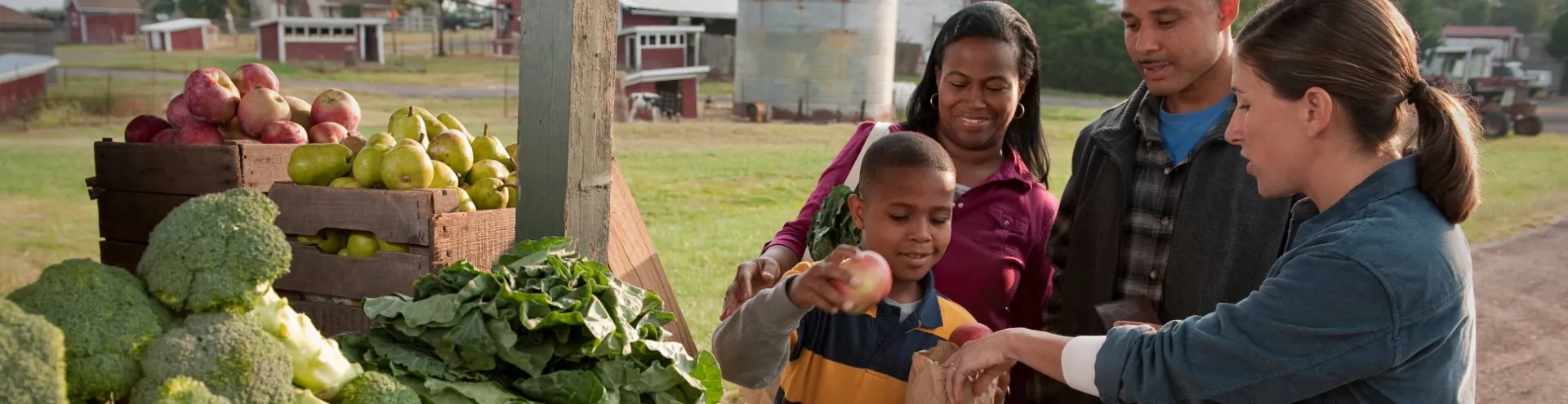 Family buys fresh produce from a farm stand