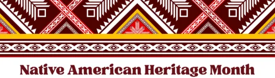 title native american heritage month on a geometric image in brown