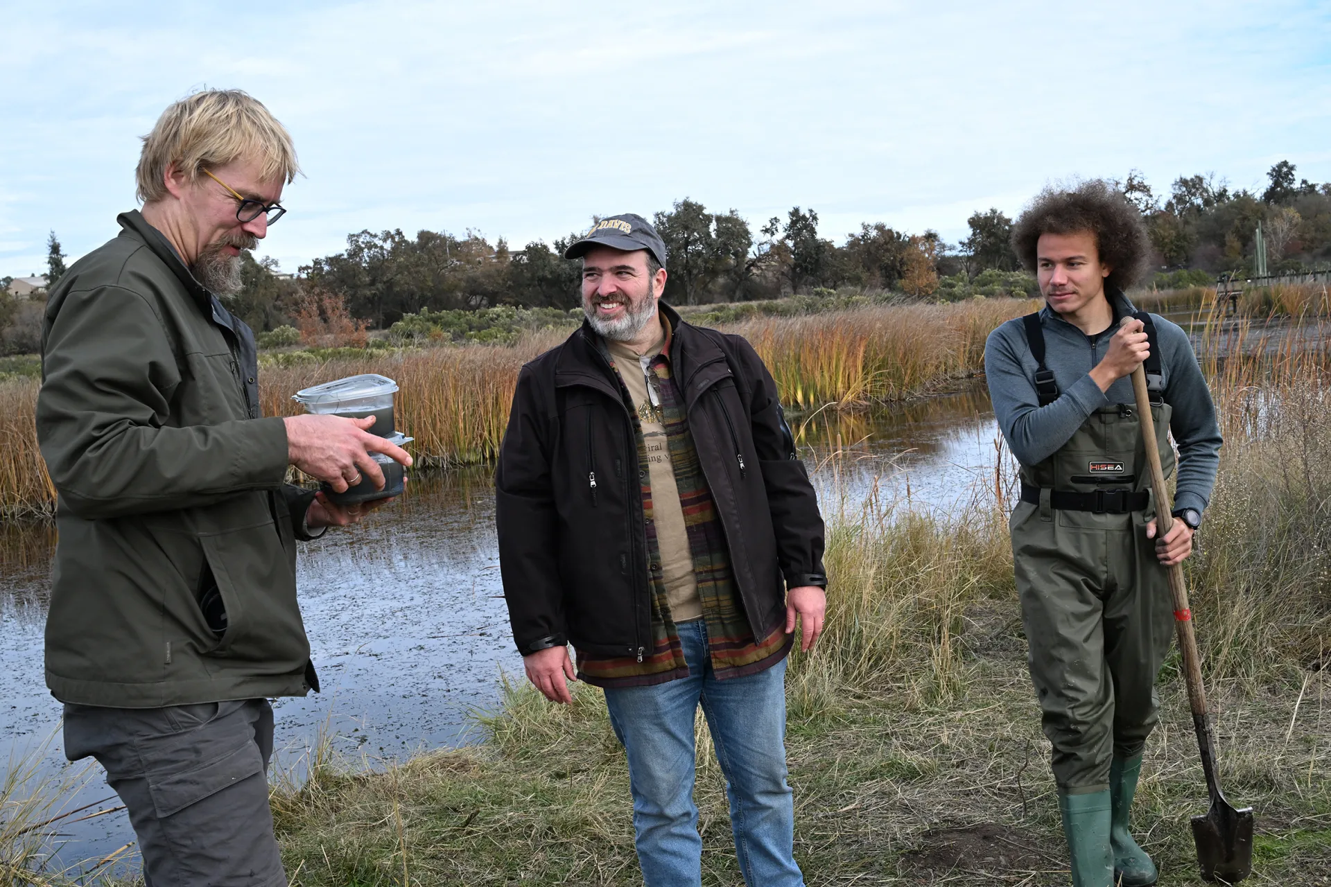 UC Davis entomologist Geoffrey Attardo (center) and UC Davis doctoral candidate Christofer Brothers (right), who studies dragonflies, chat with Mark Huising, UC Davis professor of Neurobiology, Physiology and Behavior at a 2024 workshop at Cache Creek, Capay Open Space Regional Park, Yolo County. (Photo by Kathy Keatley Garvey)