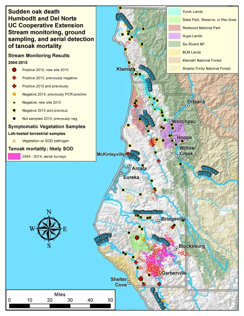 Disease confirmed by UC Davis Rizzo Lab and UCCE Humboldt to August 2015.