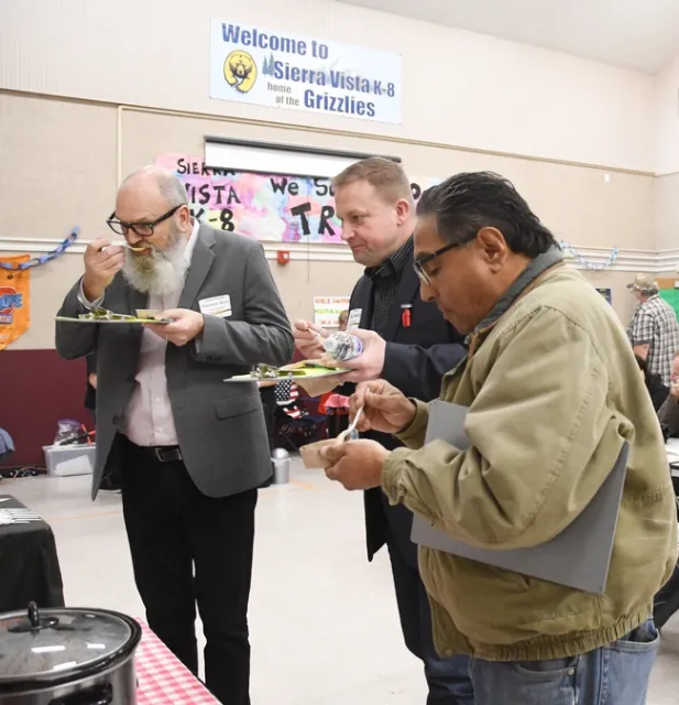 Judges sample the winning chili at the Solano County 4-H Chili Cook-Offi. From left are Vacaville City Councilman Raymond Beaty, Vacaville mayor Ron Rowlett and County Supervisor John Vasquez of the Fourth District, Solano County Board of Supervisors. (Photo by Kathy Keatley Garvey)