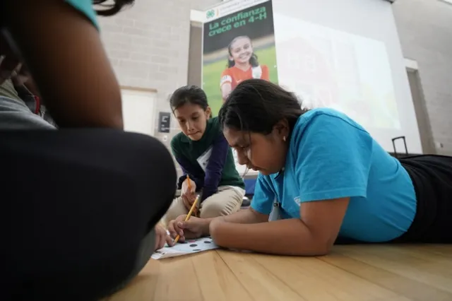 Students working intently to solve the Hack Your Harvest puzzle.