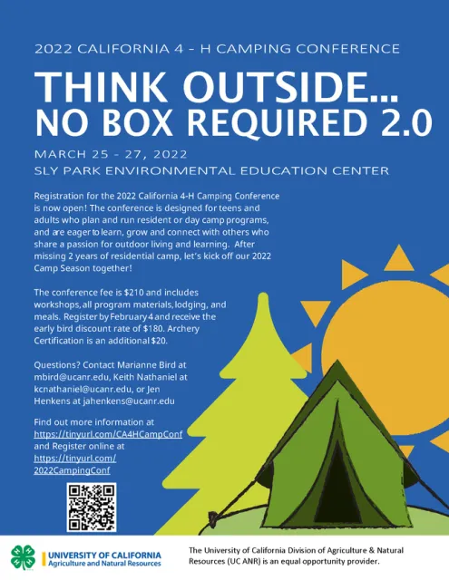 Tent and sun graphic with information about the Camping Conference