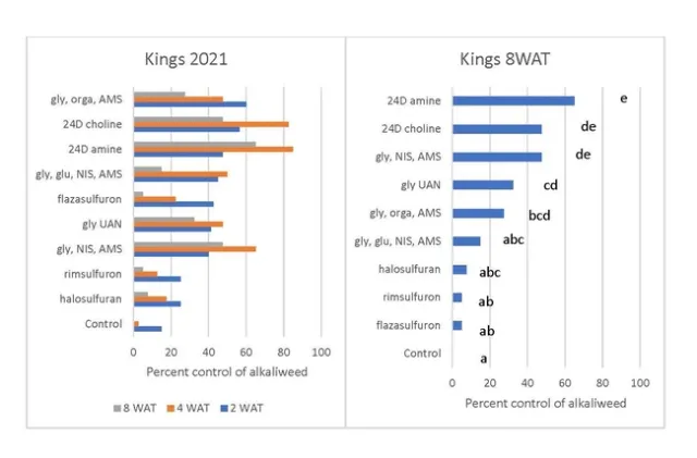 Figure 4: Selected 2021 results from the Kings site. Letters denote significant differences.