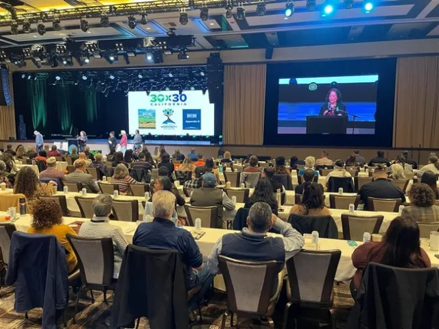 Dozens of people sit in rows of chairs listening to a woman whose image is also projected on a big screen.