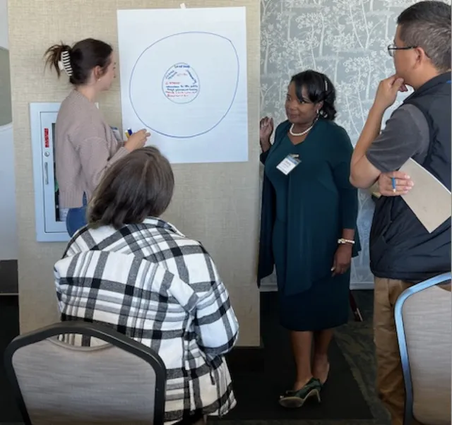 Lindsay Pedroncelli, JoLynn Miller (seated) and George Zhuang work with Kimberly Sinclair-Holmeson an activity called 
