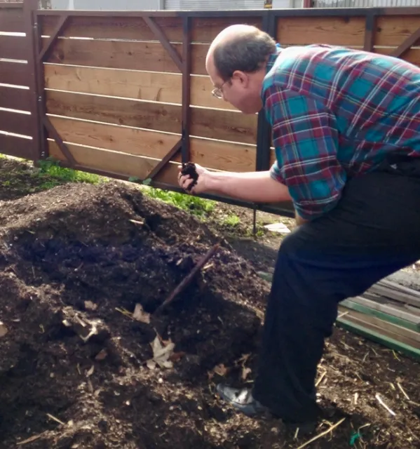 Rob Bennaton grabs a handful of top soil from a mound.