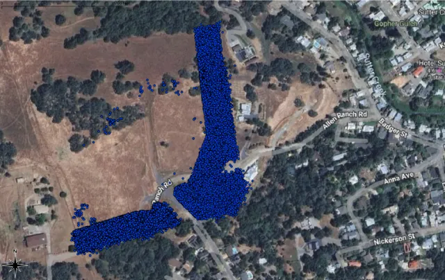 GPS locations shown as blue dots on an overhead map indicates the herd stayed predominantly within the virtual boundary
