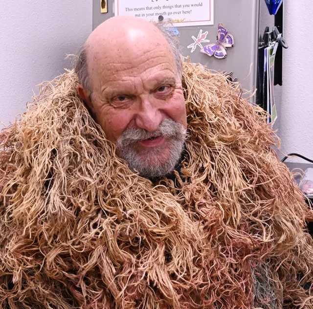 UC Davis forensic entomologist Robert "Bob" Kimsey in his ghillie suit. (Photo by Kathy Keatley Garvey)