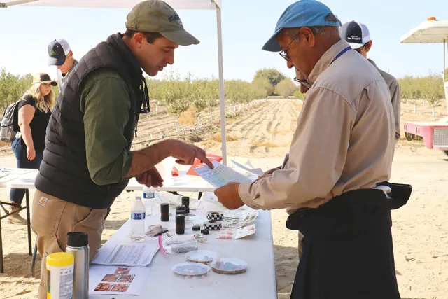 Houston Wilson in baseball cap at left points out some data on a sheet of paper to an almond field day attendee