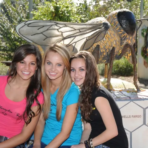 Honeybee Trio is comprised of (from left) Karli Bosler, 16; Natalie Angst, 16, and Sarah McElwain, 15. In back is Donna Billick's bee sculpture. (Photo by Kathy Keatley Garvey)