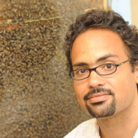 Brian Johnson in front of his bee observation hive. (Photo by Kathy Keatley Garvey)