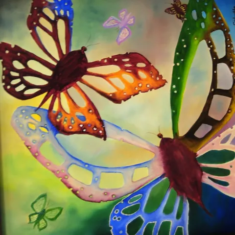 This butterfly painting, in the Fine Arts and Photography Building, is the work of retired teacher Ethel Calvello of Dixon. (Photo by Kathy Keatley Garvey)