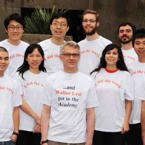 The Walter Leal lab wearing matching t-shirts. See caption at end of the blog. (Photo by Kathy Keatley Garvey)