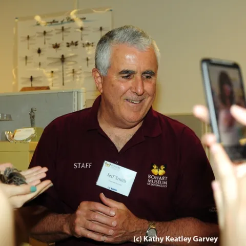 Entomologist Jeff Smith, associate at the Bohart Museum of Entomology, UC Davis, talks about a rose-haired tarantula at a Bohart open house. (Photo by Kathy Keatley Garvey)