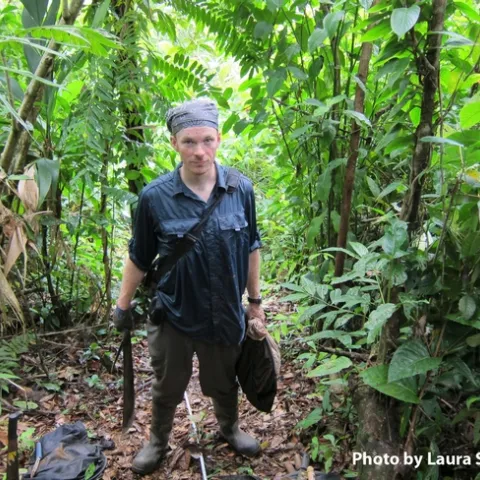 Michael Branstetter at Reserva Nacional Kahka Creek, Nicaragua. He is in the process of doing a transect of mini Winkler samples. (Photo by Laura Sáenz)