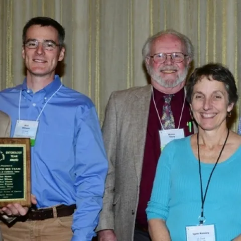 The Bee Team (from left) Eric Mussen, Neal Williams, Robbin Thorp, Lynn Kimsey and Brian Johnson. (Photo by Kathy Keatley Garvey)
