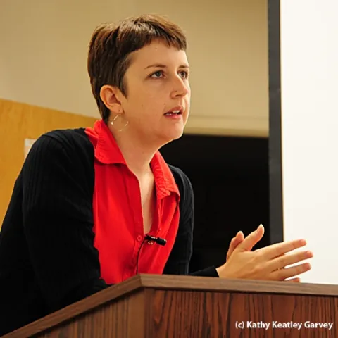 UC Davis ecologist Sandra Gillespie answers a question at a recent pollination workshop in Woodland. (Photo by Kathy Keatley Garvey)
