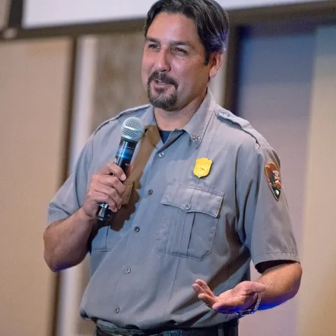Tom Garcia, fire management officer with the Whiskeytown National Recreation Area, spoke at the UC ANR Fire Summit. (Photo: Evett Kilmartin)