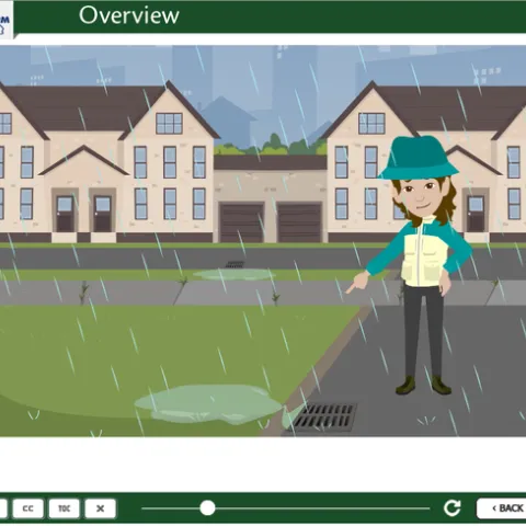 Screen shot from UC IPM's new online course showing animated character pointing to runoff from a lawn that enters storm drain.