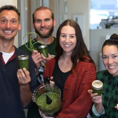 L to R: Gerry Spinelli, Chris Shogren, UCCE Environmental Horticulture Advisor, Lindsey Pedroncelli and Natalie Levy, UCCE Soil Health and Organics Material Management Advisor, pose with a batch of fresh pesto.