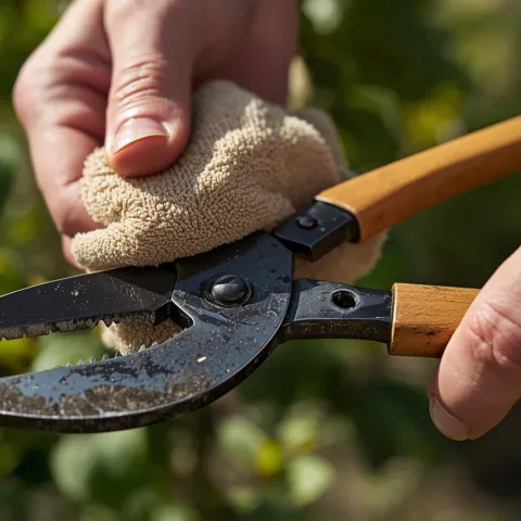 close up of hands cleaning garden pruners