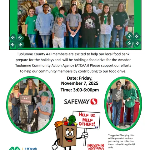 Flyer advertising the Tuolumne 4-H ATCAA Food Drive, happening on November 7th, 2025 from 3pm-6pm at the Sonora Safeway.