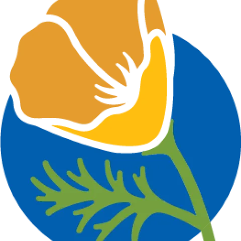 new uc master gardener logo with an orange poppy, green leaf and blue circle background