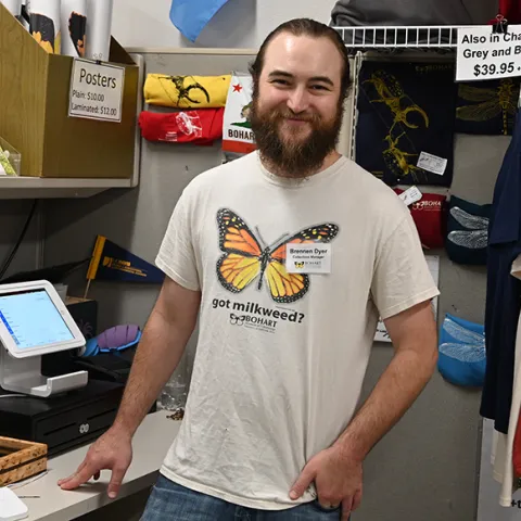 Brennen Dyer, collections manager, stafing the Bohart gift shop. (Photo by Kathy Keatley Garvey)