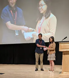 Ching-Jung Lin, who will be a fourth-year doctoral student this fall, won second place in the 12-minute competition with her presentation on 