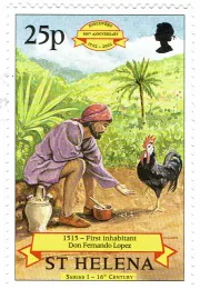 St Helena commemorative postage stamp issued 1997 depicting the Portuguese role in early settlement with a date palm. 